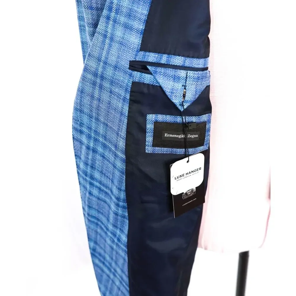 $2,990 ZEGNA - Blue Plaid Wool/Silk/Linen Blazer - 46R